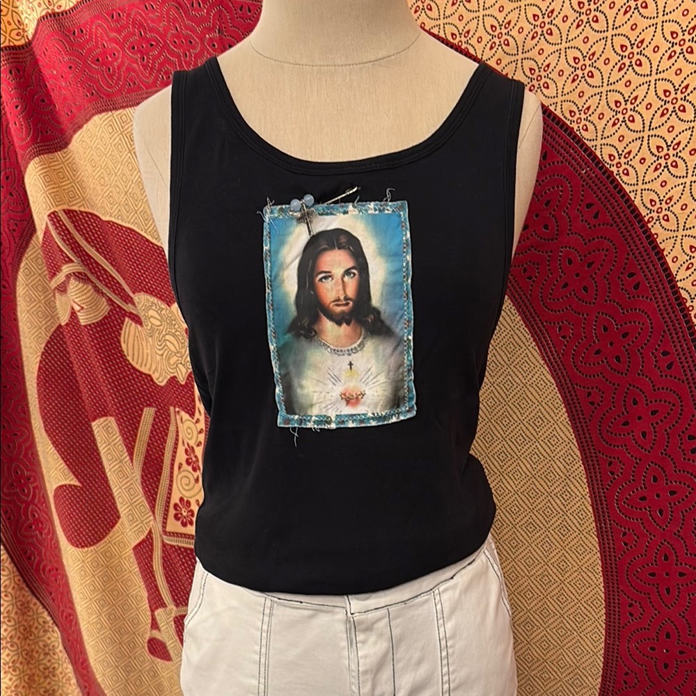 Black Graphic Tank Top with Religious Motif